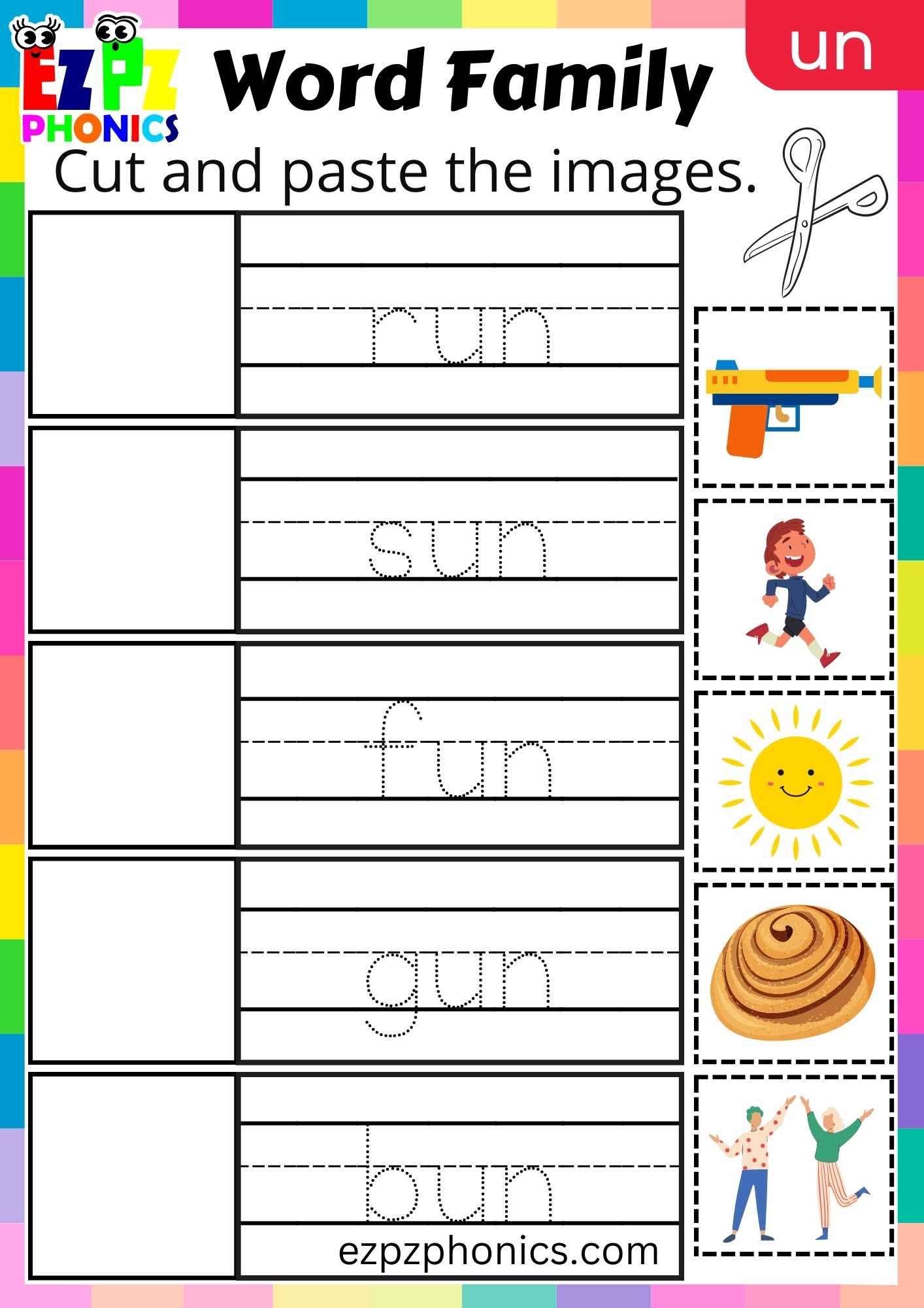 UN Words Cut And Paste The Images Phonics Word Families Worksheet